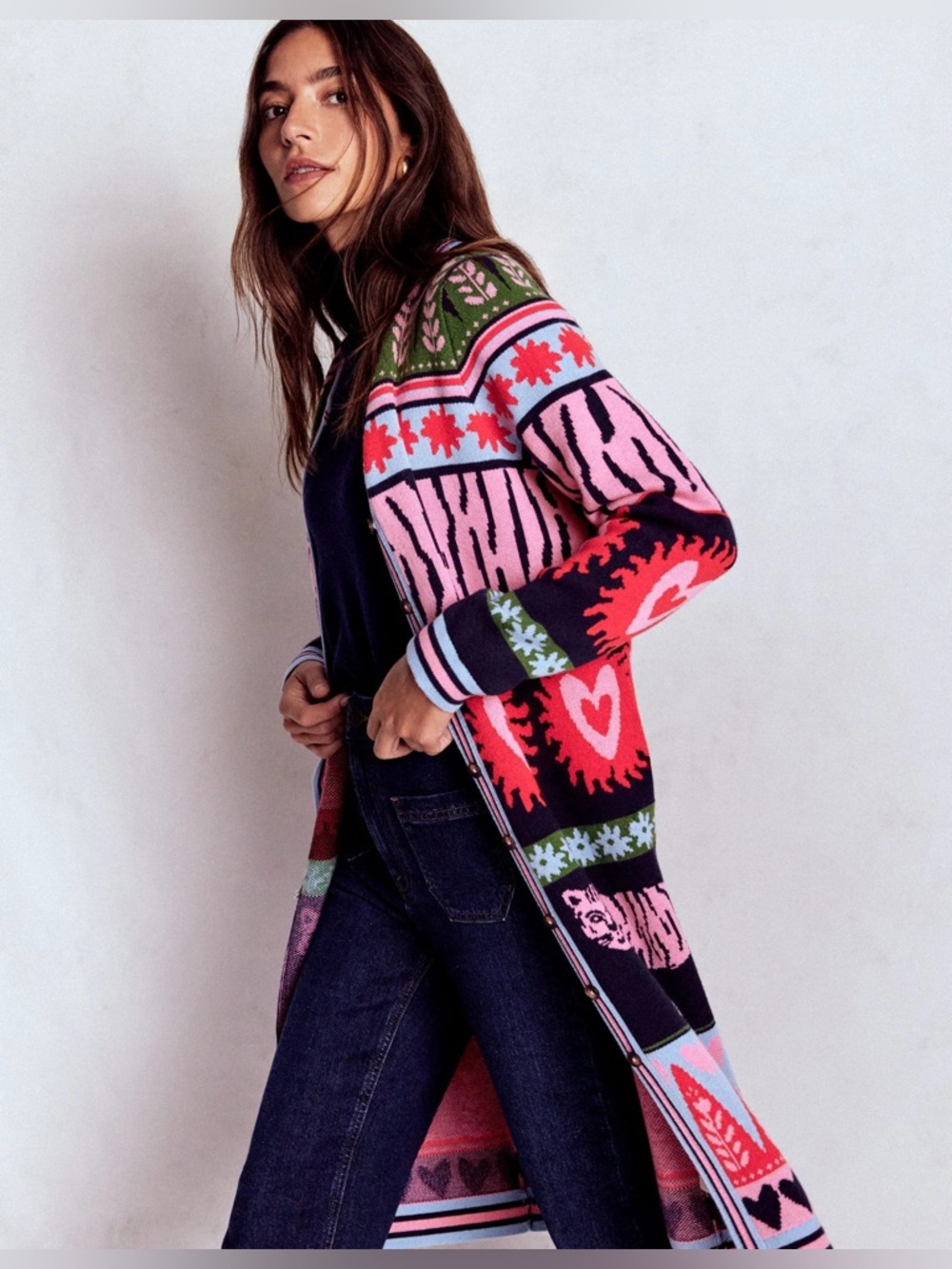 Boden Tigers Long Jacquard Cardigan Navy Pink Size S - Picture 3 of 10